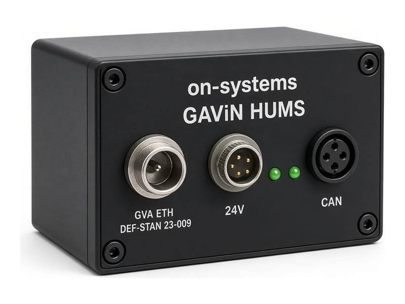GAViN HUMS gateway, a compact sealed cube with GVA Ethernet, 24V and CAN connectors on its front face