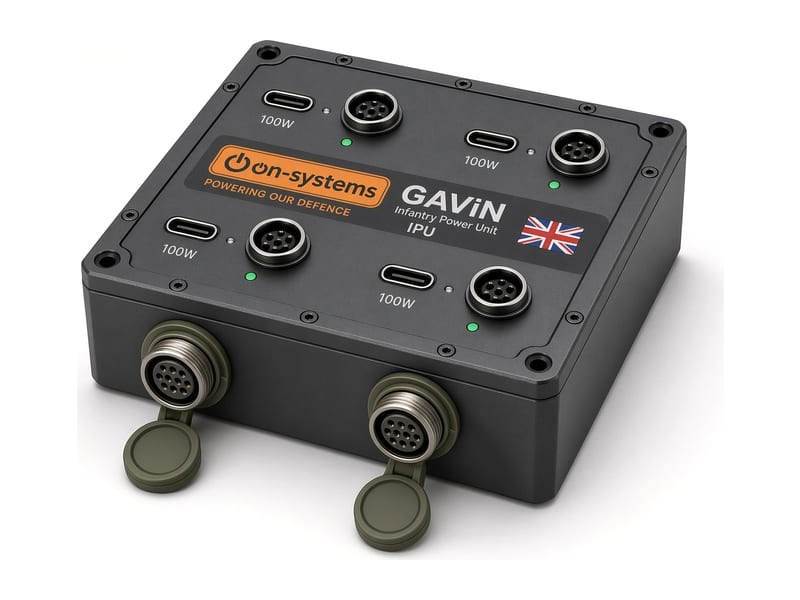 GAViN IPU400 Intelligent Infantry Power Unit, a sealed cube with four 100W USB-C ports and four Nett Warrior connectors
