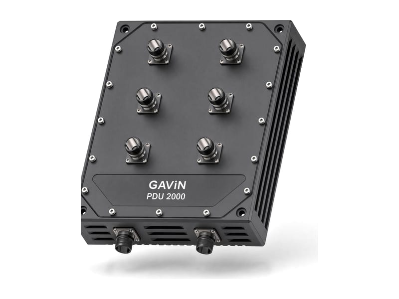 GAViN PDU2000 power distribution unit, a finned black LRU with six 10A GVA outlets on its front face